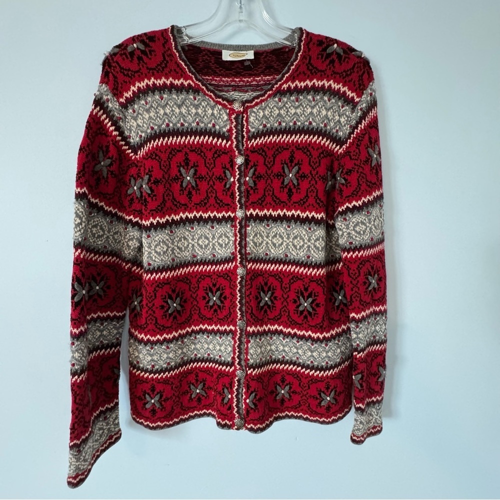 Talbots Fair Isle Cardigan Sweater Red Gray Black Knit Button Front cabincore